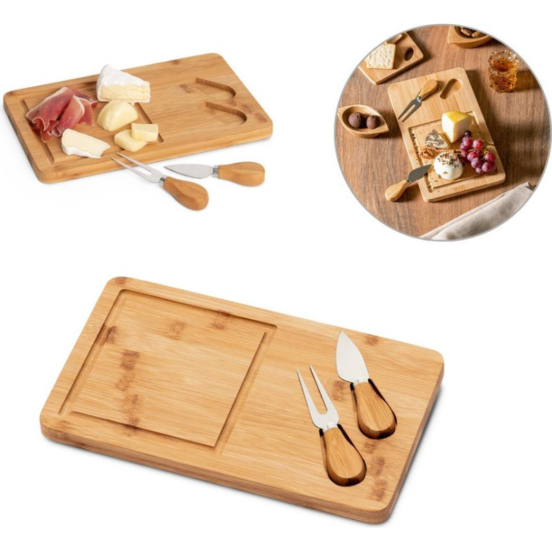 WOODS. Bamboo cheese board with 2 bamboo and stainless steel accessories