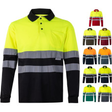 Velilla VL VULCAN LARGE. Two-tone bird-eye polo shirt (160g/m²) with long sleeves, in polyester (100%)