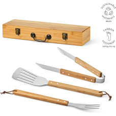 Turner Barbecue Set Bamboo. With Case, Tong, Fork & Spatula