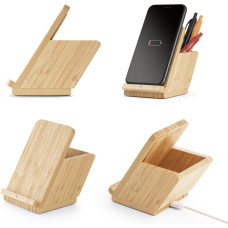 LEAVITT. Smartphone holder and ballpoint holder with 10W fast wireless charger in bamboo