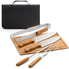 FLARE. Five-piece wooden and stainless steel barbecue set with bamboo board